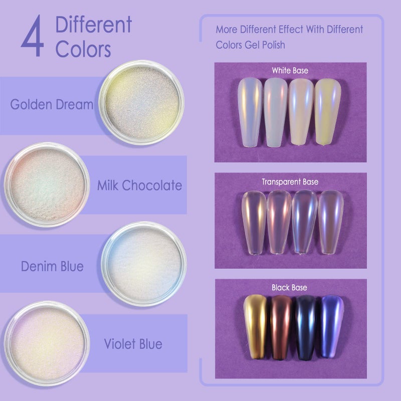 Allstarry Chrome Nail Powder 4 Colors Iridescent Aurora Powder Metallic Mirror Effect Pigment Pearlescent Purple Mermaid Unicorn Glitter for Nail Art Manicure Decoration Home DIY Salon - Image 2
