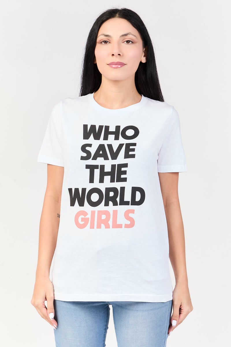 UNDIZ Women Crew Neck Graphic Print Short Sleeve T-Shirt, White - Image 1