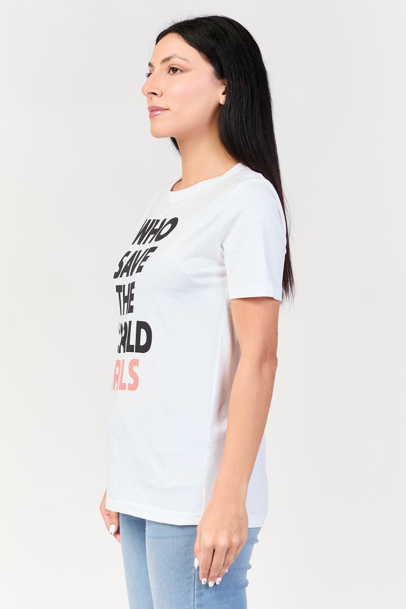 UNDIZ Women Crew Neck Graphic Print Short Sleeve T-Shirt, White - Image 3