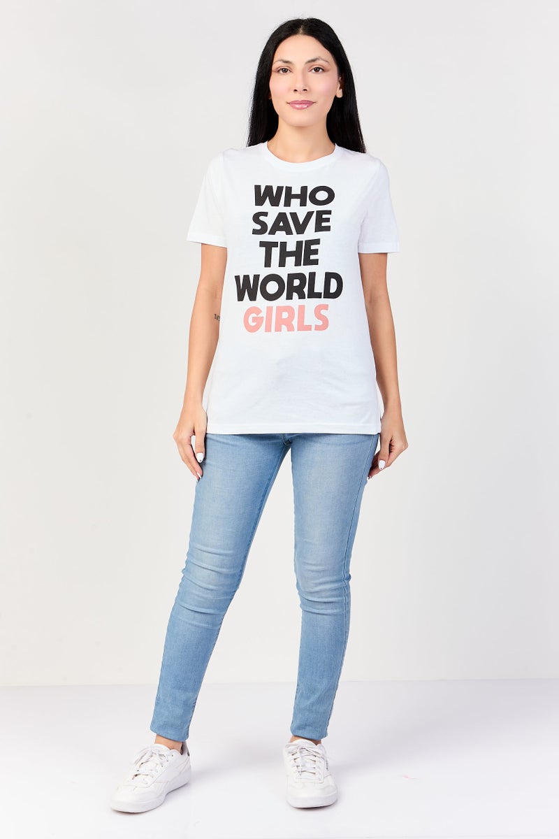UNDIZ Women Crew Neck Graphic Print Short Sleeve T-Shirt, White - Image 2