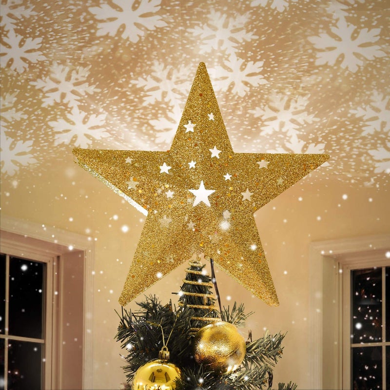 IPOW LED Snowflake Projector Star Christmas Tree Topper 113 Golden Glittered Star Treetop Lighted Rotating Snow Flake for Christmas Tree Decoration Ideal as LED Night Light Projector for Children