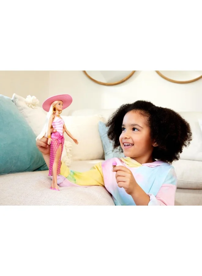 Barbie Doll with Pink and White Swimsuit, Sun Hat, Tote Bag and Beach-Themed Accessories