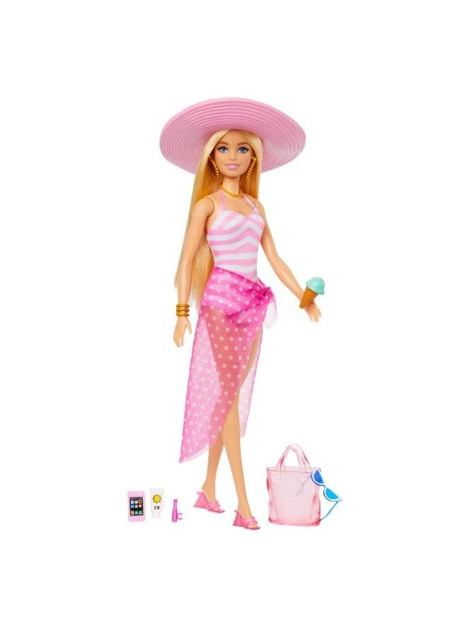 Barbie Doll with Pink and White Swimsuit, Sun Hat, Tote Bag and Beach-Themed Accessories - Image 5