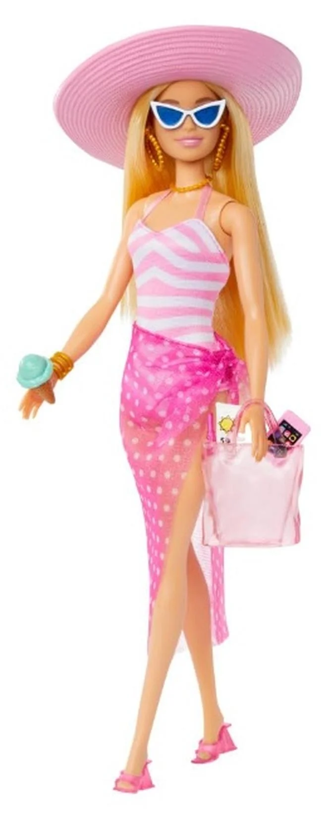 Barbie Doll with Pink and White Swimsuit, Sun Hat, Tote Bag and Beach-Themed Accessories