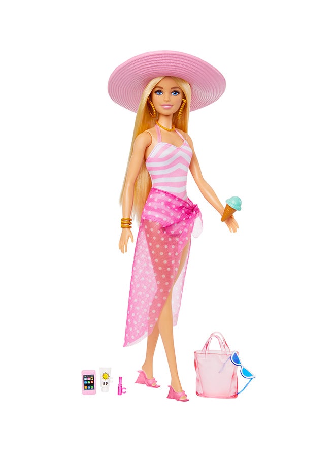 Barbie Doll with Pink and White Swimsuit, Sun Hat, Tote Bag and Beach-Themed Accessories  - Image 3
