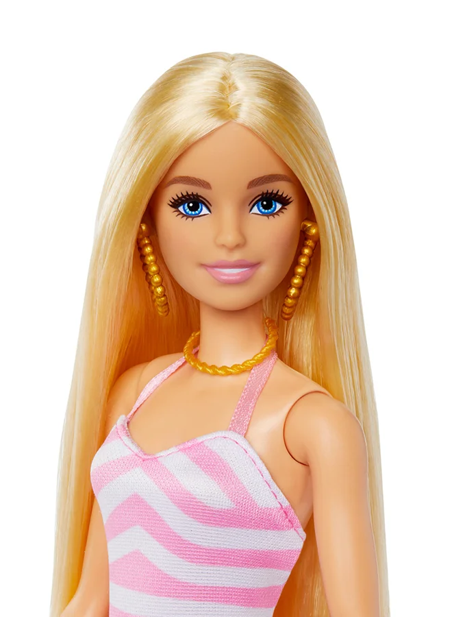 Barbie Doll with Pink and White Swimsuit, Sun Hat, Tote Bag and Beach-Themed Accessories