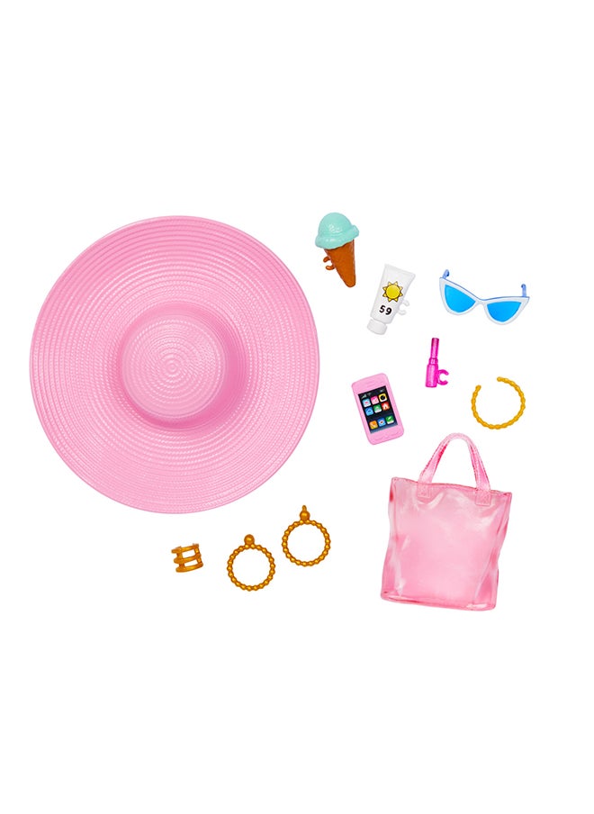 Barbie Doll with Pink and White Swimsuit, Sun Hat, Tote Bag and Beach-Themed Accessories  - Image 4