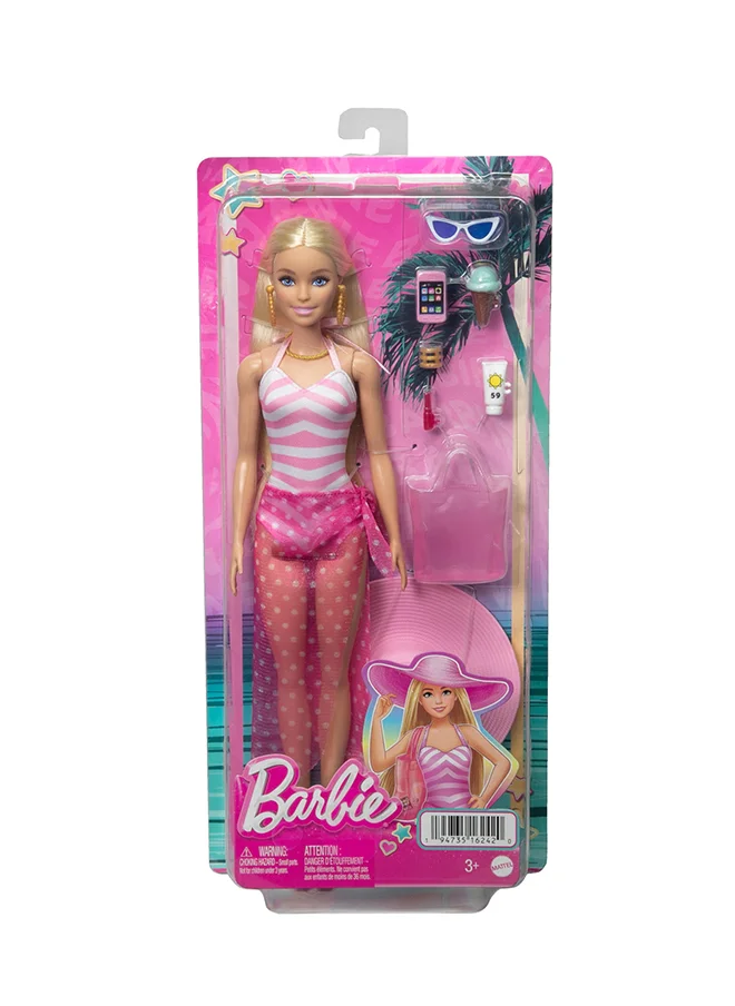 Barbie Doll with Pink and White Swimsuit, Sun Hat, Tote Bag and Beach-Themed Accessories