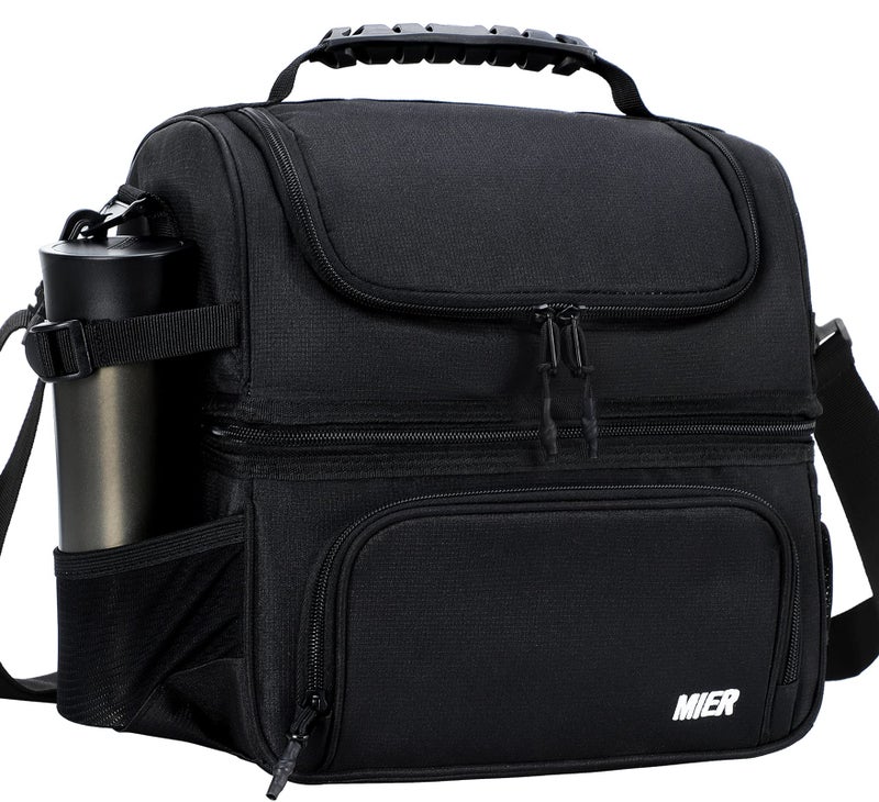 MIER Dual Compartment Lunch Bag Tote with Shoulder Strap for Men and Women Insulated Leakproof Cooler Bag, Black - Image 1