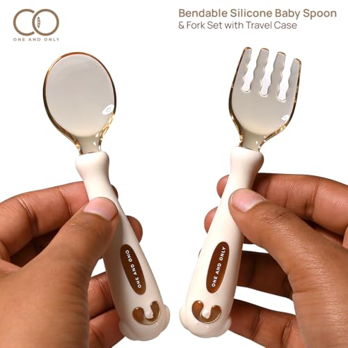 ONE AND ONLY Silicone Spoon & Fork Set for Baby: 360° Flexible Soft Handle Combo with Travel Case Feeding Spoon for 6-24 Month Toddlers - Image 5