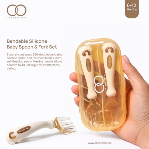 ONE AND ONLY Silicone Spoon & Fork Set for Baby: 360° Flexible Soft Handle Combo with Travel Case Feeding Spoon for 6-24 Month Toddlers - Image 4
