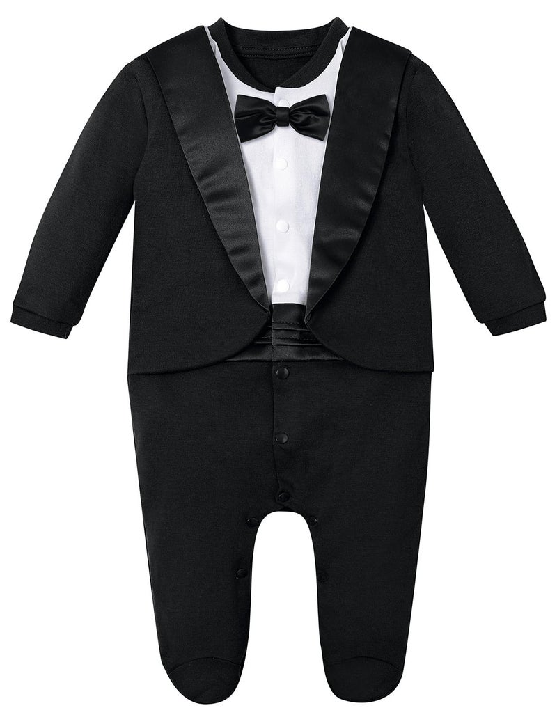 A&J DESIGN Baby Boy Tuxedo Gentleman Footie One-piece Romper with Bow Tie Black and White Newborn - Image 1
