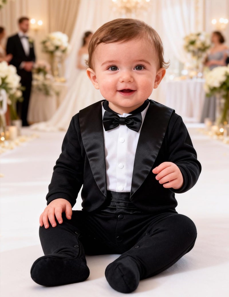 A&J DESIGN Baby Boy Tuxedo Gentleman Footie One-piece Romper with Bow Tie Black and White Newborn - Image 4