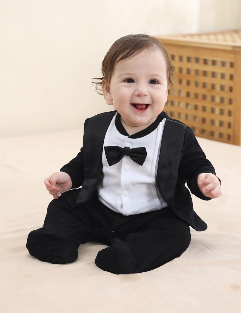A&J DESIGN Baby Boy Tuxedo Gentleman Footie One-piece Romper with Bow Tie Black and White Newborn - Image 2