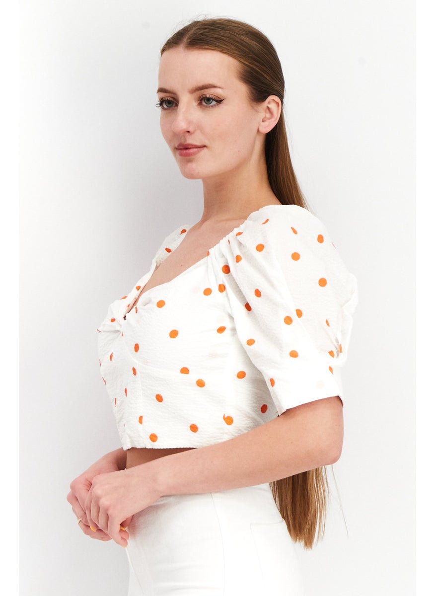 Women Square Neck Polka Dots Puffed Sleeve  Crop Top, White - pzsku/Z5FF016C9FC1D11E2DD76Z/45/_/1737728178/66970cb7-bfd0-40ea-8999-fb635e0bf2e7