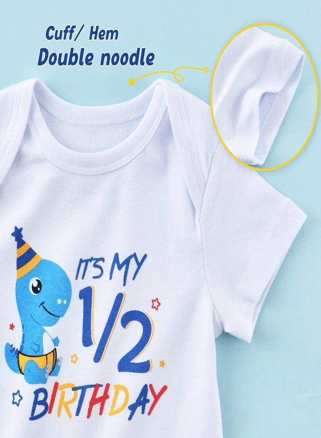 WAWSAM Baby Boy Girl Dinosaur Onesies Bodysuit 1/2 Half Birthday One-Piece Romper Dinosaur Infant Jumpsuit Outfit Cotton White Printed Half Year Short-Sleeve Bodysuit - Image 4