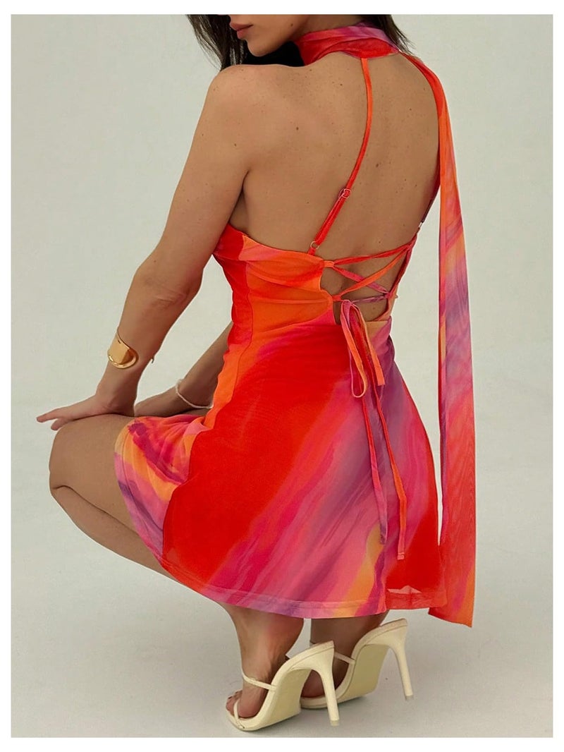 MakeMeChic Women's Summer Y2k Mini Dress Backless Vacation Dress One Shoulder Mesh Dress with Scarf Multicolor Large - Image 2
