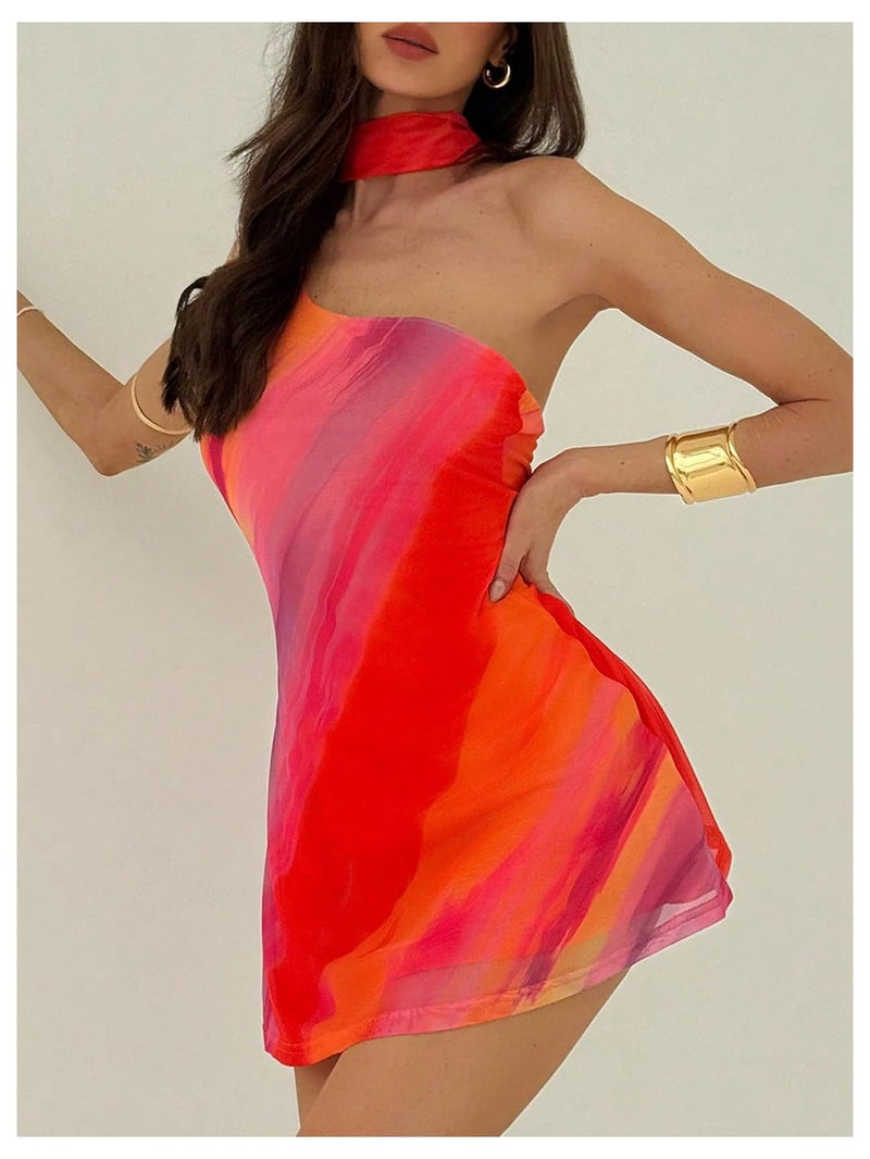 MakeMeChic Women's Summer Y2k Mini Dress Backless Vacation Dress One Shoulder Mesh Dress with Scarf Multicolor Large - Image 3