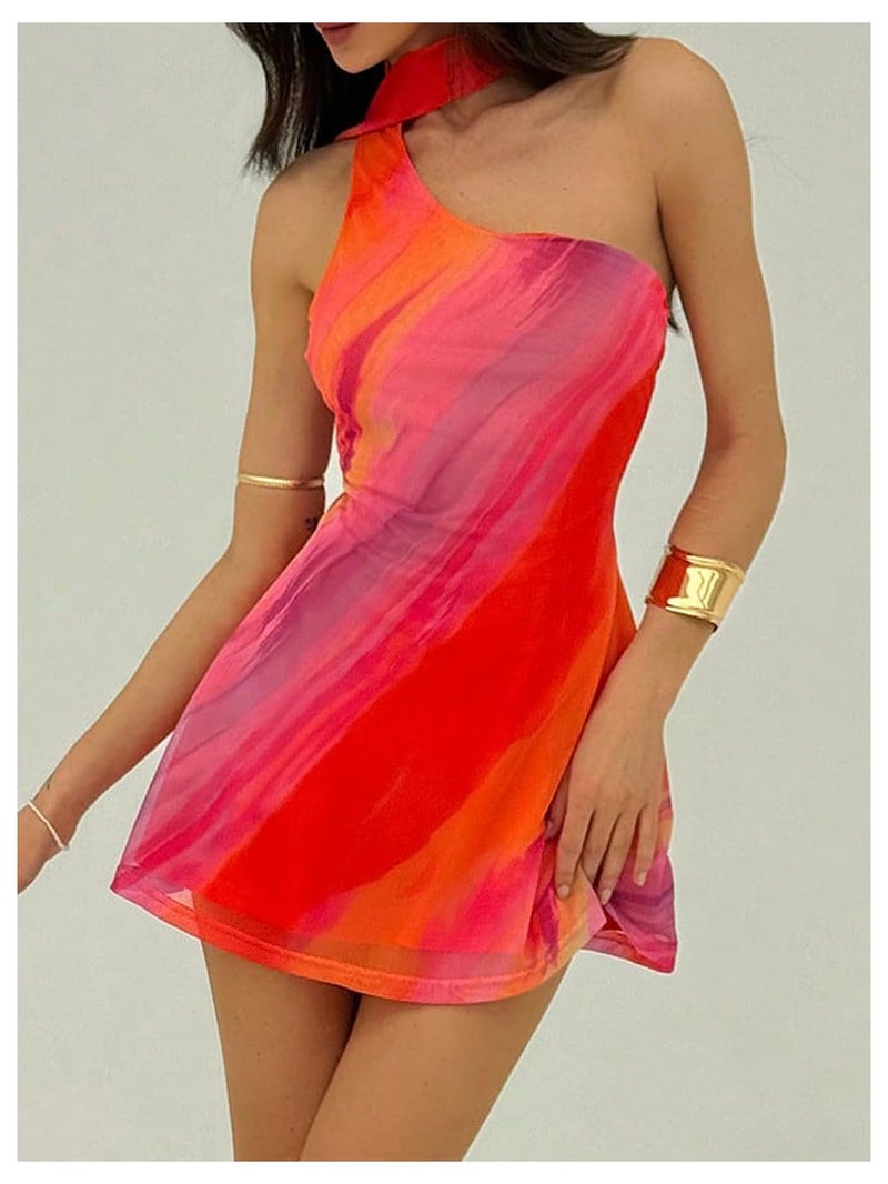 MakeMeChic Women's Summer Y2k Mini Dress Backless Vacation Dress One Shoulder Mesh Dress with Scarf Multicolor Large - Image 5