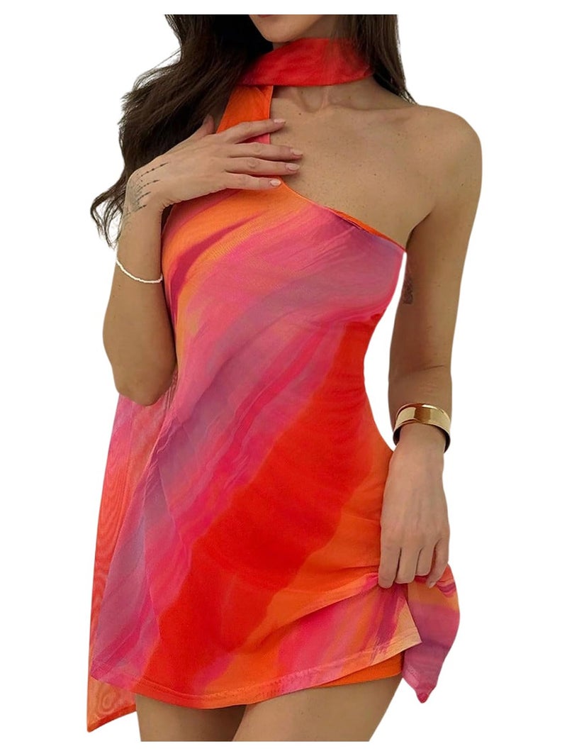 MakeMeChic Women's Summer Y2k Mini Dress Backless Vacation Dress One Shoulder Mesh Dress with Scarf Multicolor Large - Image 1