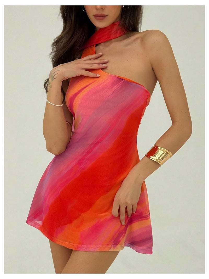 MakeMeChic Women's Summer Y2k Mini Dress Backless Vacation Dress One Shoulder Mesh Dress with Scarf Multicolor Large - Image 4