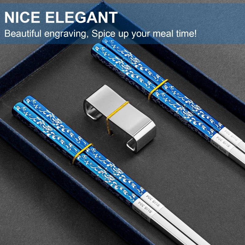 Fofayu Metal Chopsticks Reusable 2 Pairs Titanium Plated Stainless Steel Chopsticks With Holder Dishwasher Safe Non-Slip Japanese Style Chop Sticks Present Set (Blue Silver) - Image 2