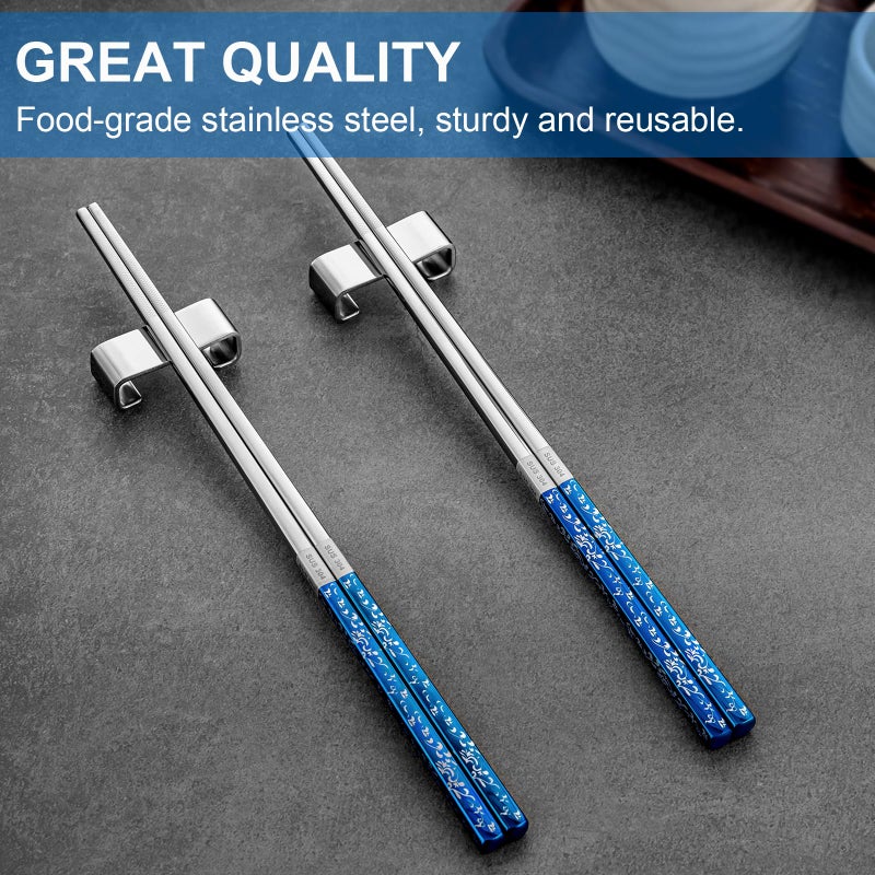 Fofayu Metal Chopsticks Reusable 2 Pairs Titanium Plated Stainless Steel Chopsticks With Holder Dishwasher Safe Non-Slip Japanese Style Chop Sticks Present Set (Blue Silver) - Image 3