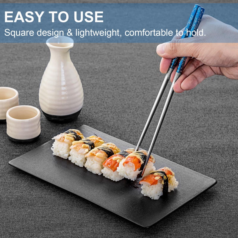 Fofayu Metal Chopsticks Reusable 2 Pairs Titanium Plated Stainless Steel Chopsticks With Holder Dishwasher Safe Non-Slip Japanese Style Chop Sticks Present Set (Blue Silver) - Image 5
