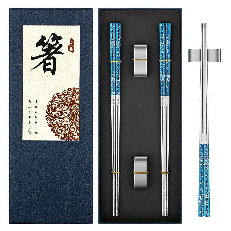 Fofayu Metal Chopsticks Reusable 2 Pairs Titanium Plated Stainless Steel Chopsticks With Holder Dishwasher Safe Non-Slip Japanese Style Chop Sticks Present Set (Blue Silver) - Image 1