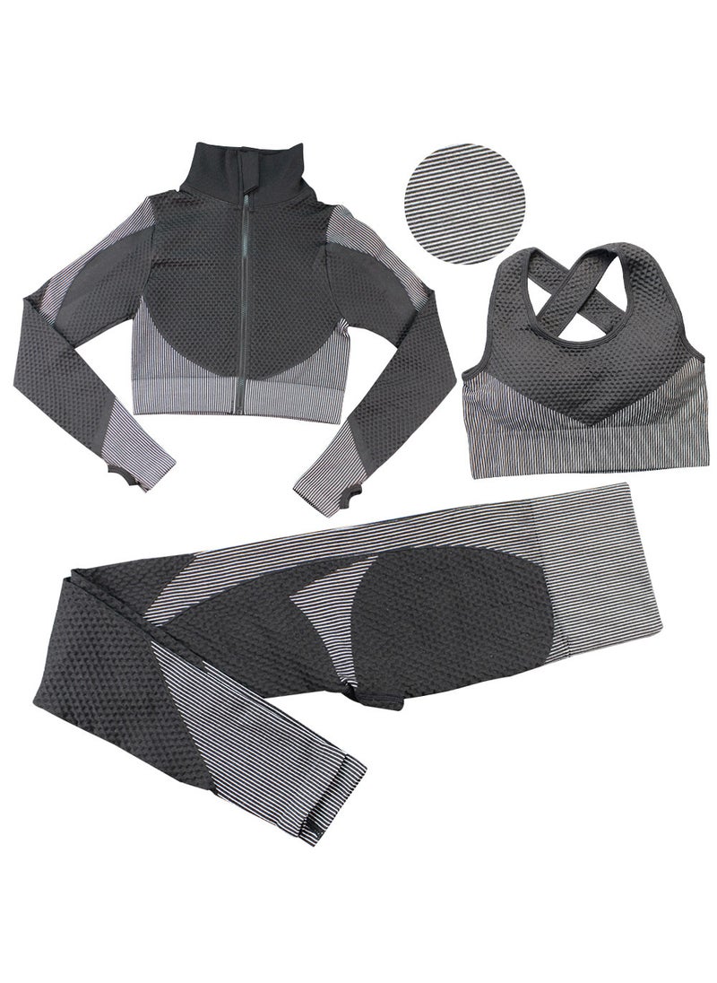 Generic - Striped Seamless Yoga Suit Long Pants Bra Set black and white - Image 1