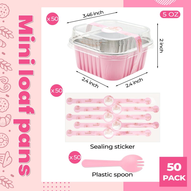 LOKQING 50 Pack Mini Cake Pans with Lids and Spoons Small Aluminum Foil Pans Square Baking Cups Disposable Ramekins Cupcake Liners for Brownie Pie (Pink, 5 oz) - Image 3