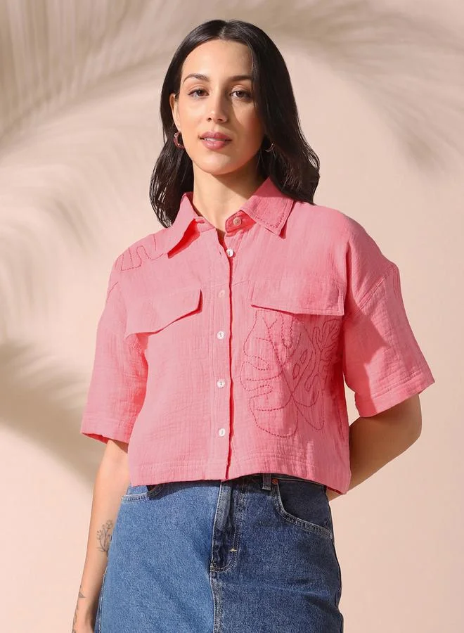 Dennis Lingo Women's Pink 100% Cotton Solid Pattern Button Down Relaxed Shirt