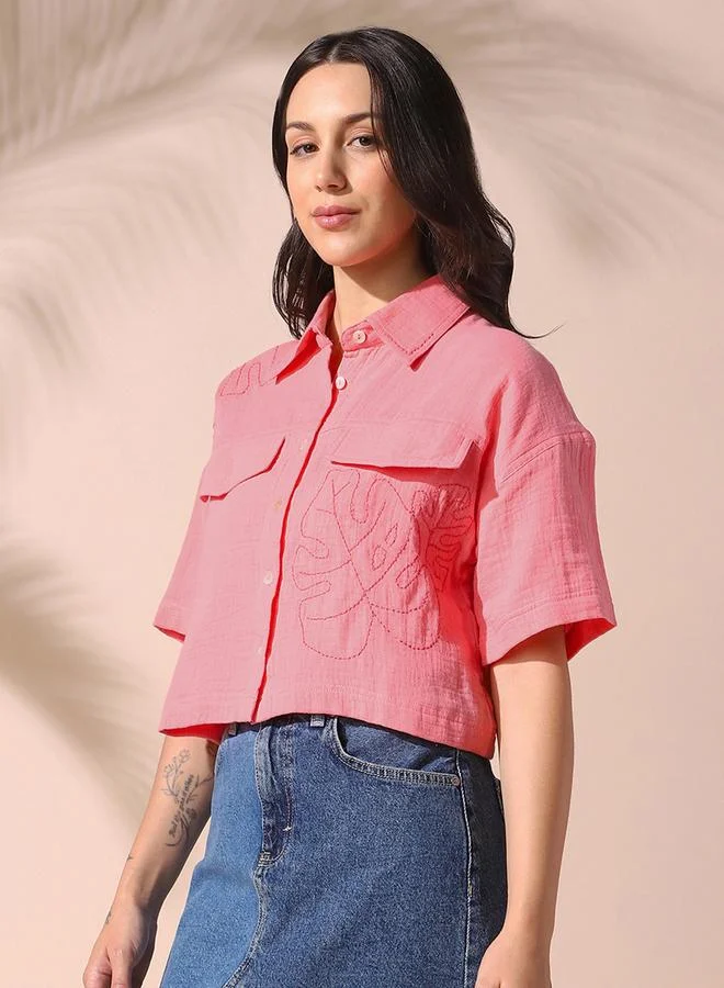 Dennis Lingo Women's Pink 100% Cotton Solid Pattern Button Down Relaxed Shirt