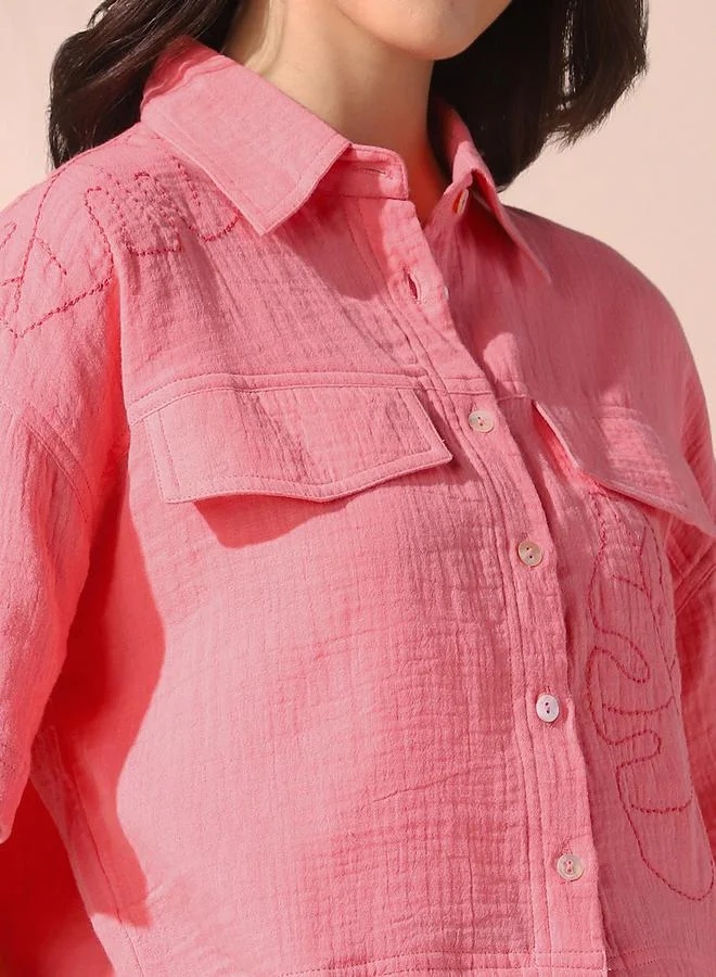 Dennis Lingo Women's Pink 100% Cotton Solid Pattern Button Down Relaxed Shirt