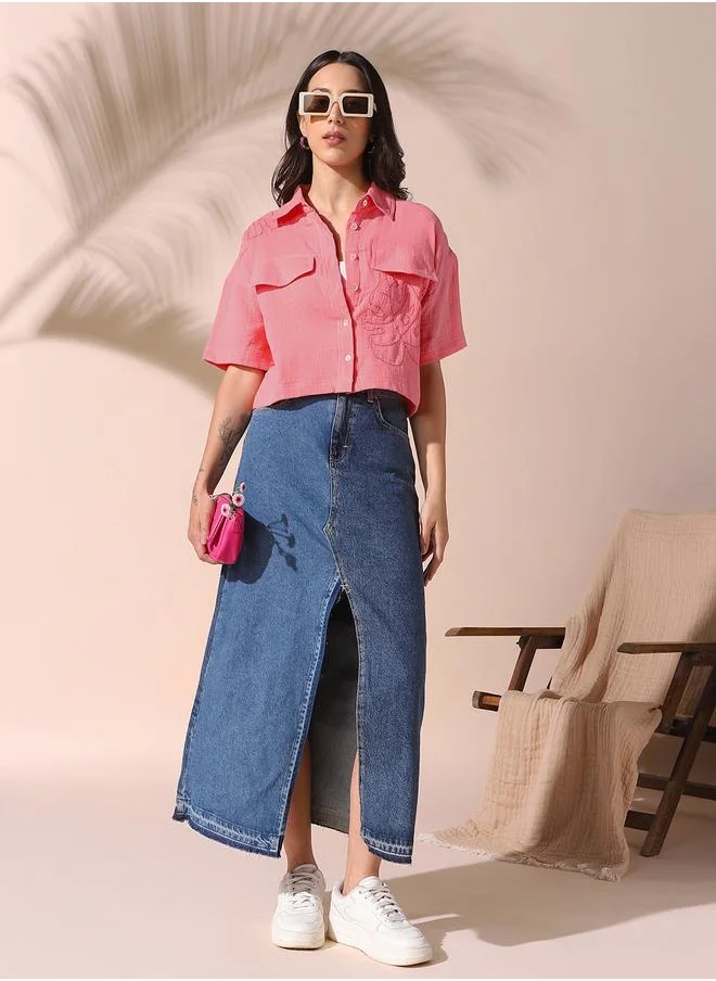 Dennis Lingo Women pink relaxed fit solid half sleeves button down 100% cotton shirts with button closure featuring a spread collar- perfect for making bold moves.