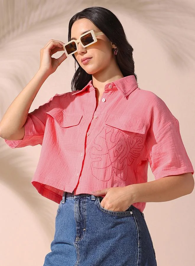 Dennis Lingo Women's Pink 100% Cotton Solid Pattern Button Down Relaxed Shirt