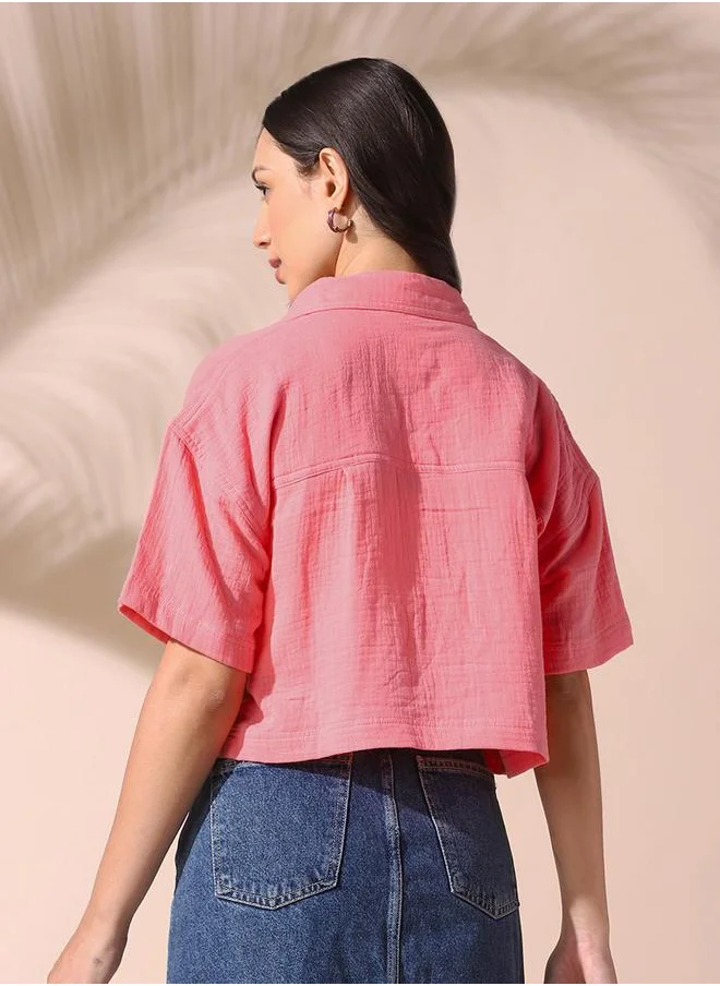Dennis Lingo Women pink relaxed fit solid half sleeves button down 100% cotton shirts with button closure featuring a spread collar- perfect for making bold moves.