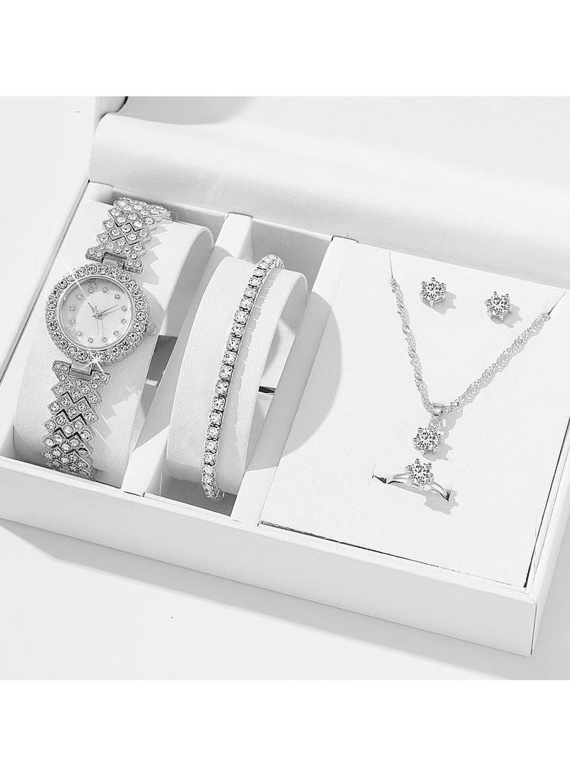 5pcs Rhinestone Watch Set Shiny Quartz Crystal Wrist Watch Luxury Diamond Shining Bling Watches with Stainless Steel Bracelet Gift for Women Girls Birthday (Silver) - Image 1