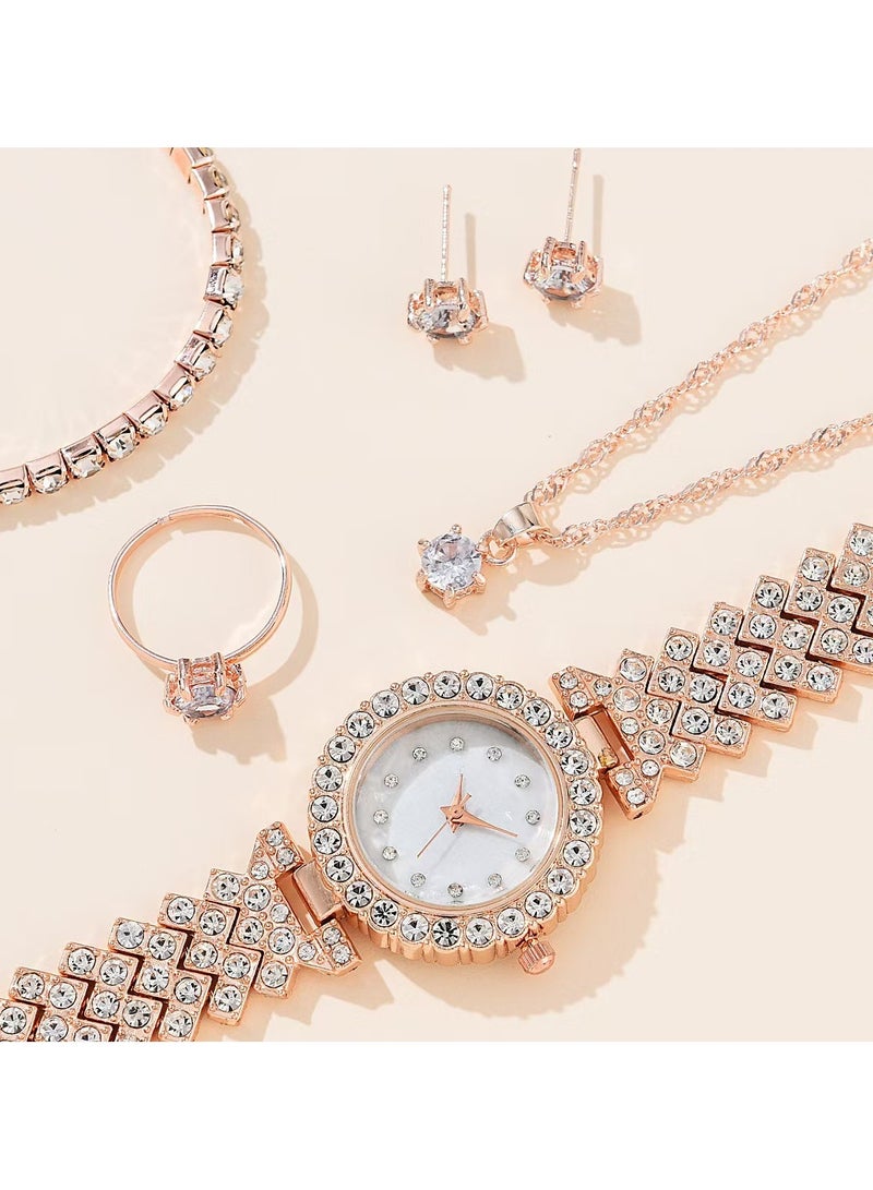 5pcs Rhinestone Watch Set Shiny Quartz Crystal Wrist Watch Luxury Diamond Shining Bling Watches with Stainless Steel Bracelet Gift for Women Girls Birthday (Silver) - Image 2