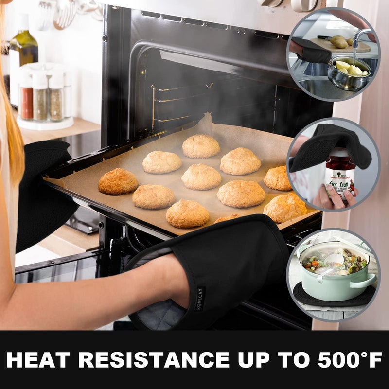 rorecay 2-Pack Silicone Pot Holders for Kitchen Heat Resistant up to 500Â°F, Non-Slip Large Hot Pads with Pocket, Quilted Liner Trivets for Countertops Hot Pots and Pans (Black) - Image 2