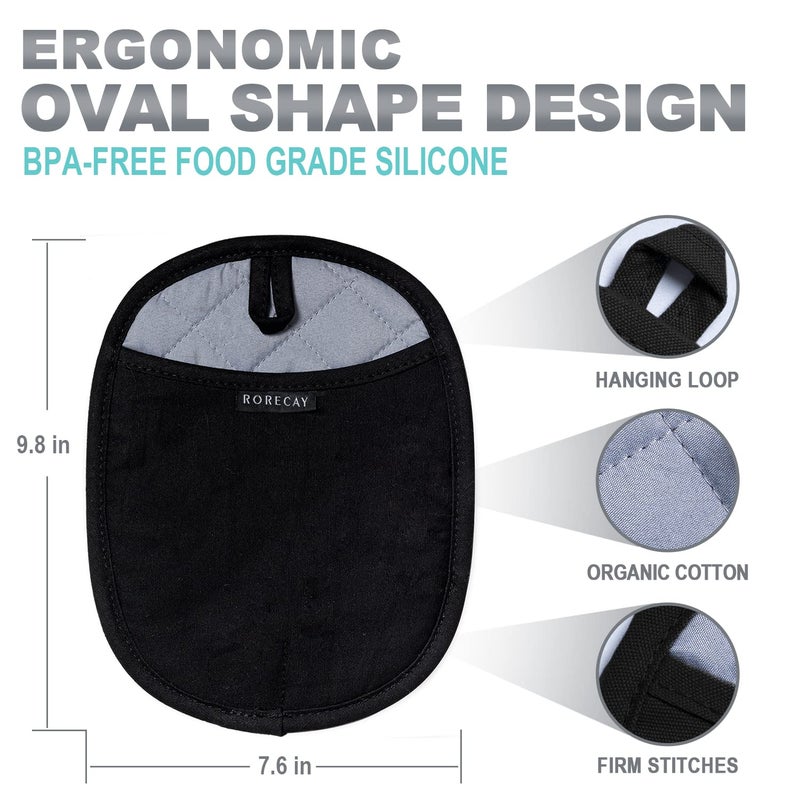 rorecay 2-Pack Silicone Pot Holders for Kitchen Heat Resistant up to 500Â°F, Non-Slip Large Hot Pads with Pocket, Quilted Liner Trivets for Countertops Hot Pots and Pans (Black) - Image 4