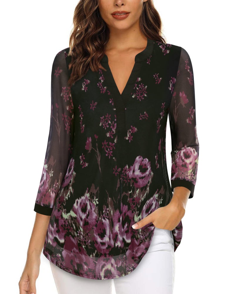 Timeson Blouses for Women Dressy Casual,Tunic Tops with 3/4 Sleeves Plus Size Polyester Maternity Shirts Business Professional Attire Clothes No Iron Spring Flowy Office Work Tops Black Violet 2XL - Image 1