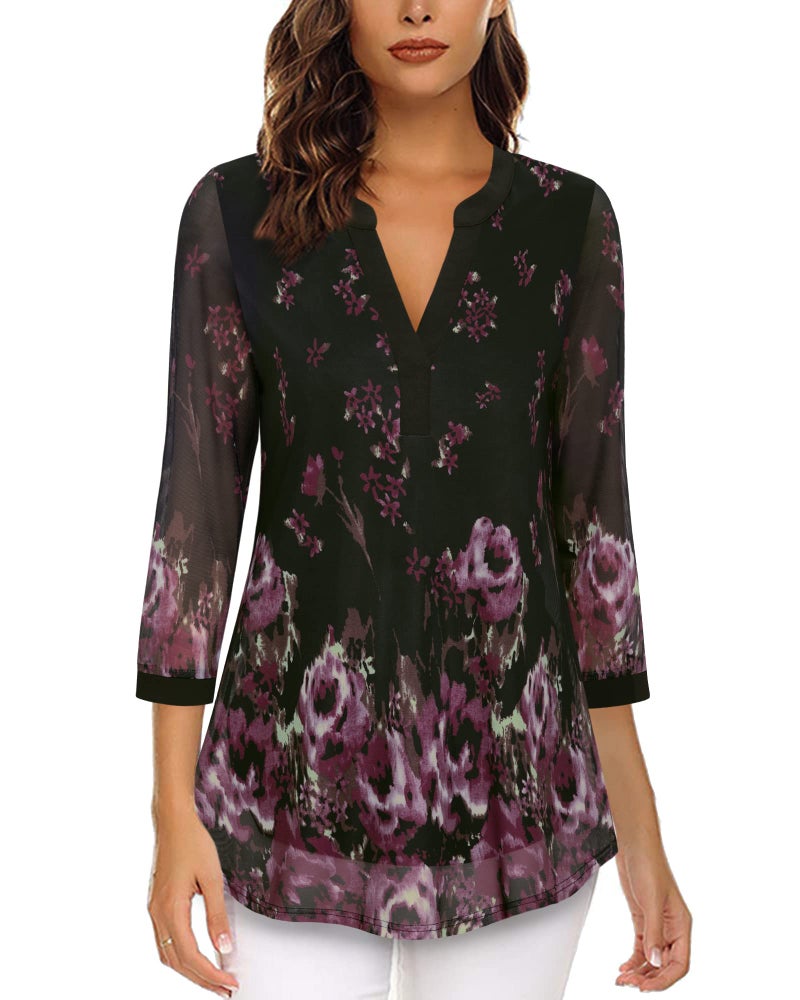 Timeson Blouses for Women Dressy Casual,Tunic Tops with 3/4 Sleeves Plus Size Polyester Maternity Shirts Business Professional Attire Clothes No Iron Spring Flowy Office Work Tops Black Violet 2XL - Image 2