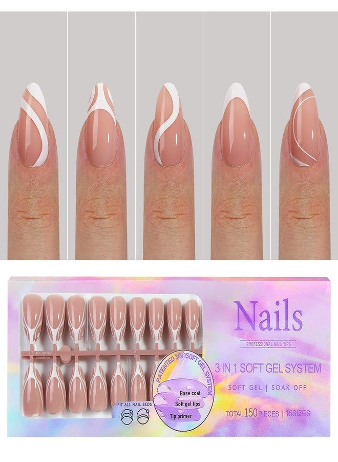 OFDNE French Short Almond Press on Nails 5 French Styles Pre-colored Nude Soft Gel Nail Tips 150Pcs Full Cover Natural Long Lasting Short Nude French Fake Nails Extensions for Easy DIY Nail Art - Image 1