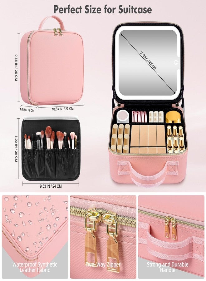 RRtide حقيبة مكياج للسفر مع مرآة قابلة للإزالة وإضاءة، حقيبة مكياج مضاءة LED، منظم مستحضرات تجميل مع جلد PU، إضاءة بثلاثة ألوان، فواصل قابلة للتعديل ولوحة تخزين فرش، هدية للنساء - Image 3