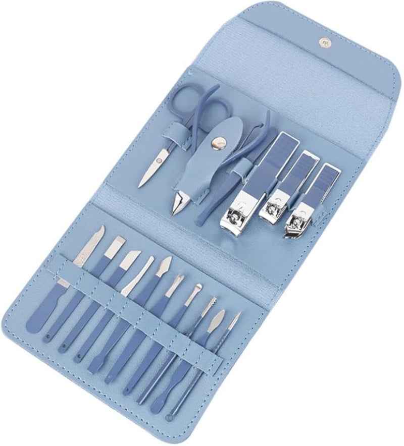 Manicure Set 16-in-1, Stainless Steel Nail Clippers Kit for Men and Women, Portable Nail Care Tools with Travel Case for Home, Office, and Travel (blue)