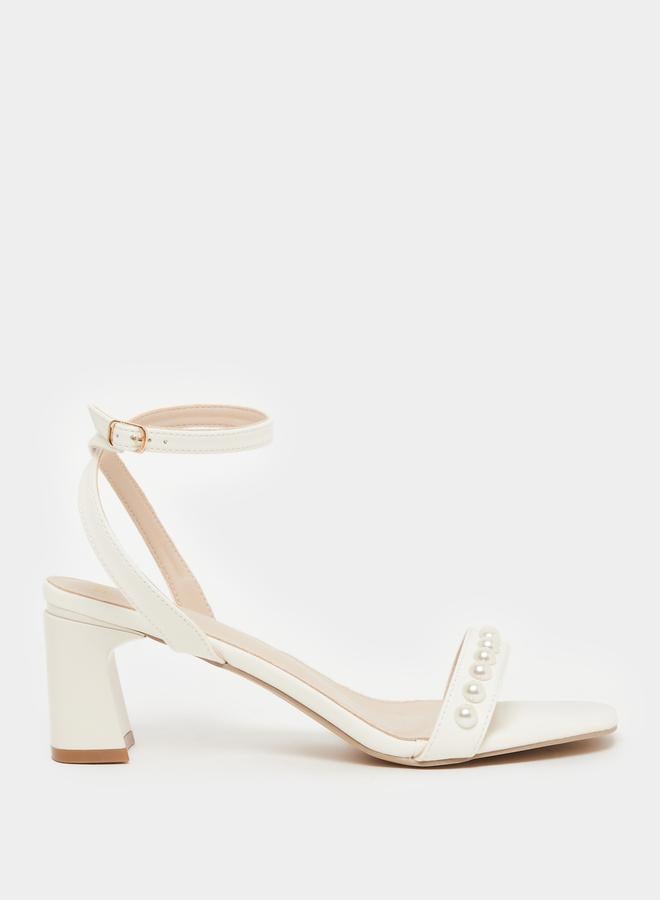 Styli Faux Pearl Ankle Strap Block Heel Sandals  - Image 1