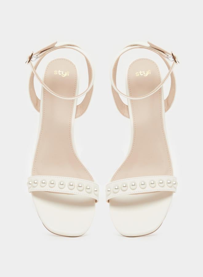 Styli Faux Pearl Ankle Strap Block Heel Sandals  - Image 5
