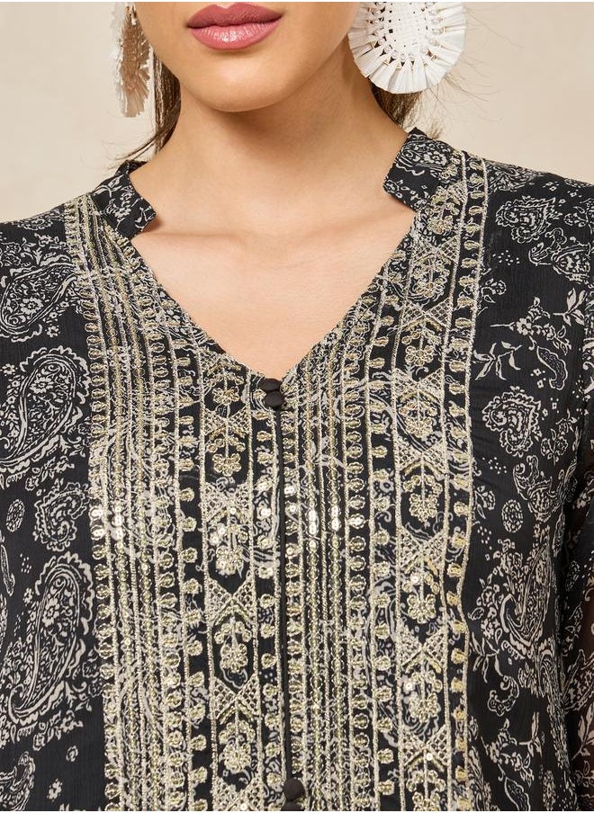 Styli - Printed V-Neck Embroidered A-Line Jalabayia - Image 1