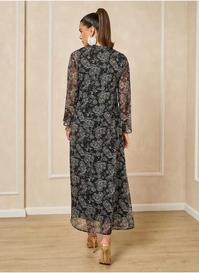 Styli - Printed V-Neck Embroidered A-Line Jalabayia - Image 1